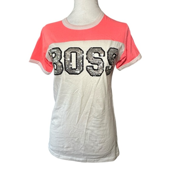 On fire logo BOSS Women's Pink and White Short Sleeve Tee medium - Picture 1 of 3